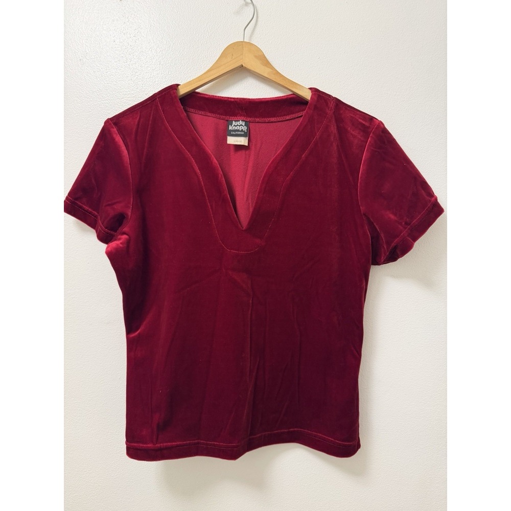Vintage 80s Judy Knapp California Red Velvet Top Shirt Women's Large Boho USA